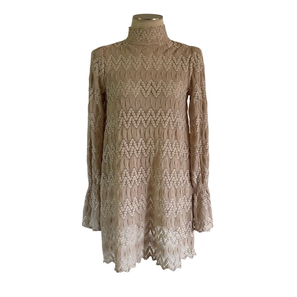Free People Greige Lace Turtleneck Mini Dress XS Boho Cowgirl Western Whimsy